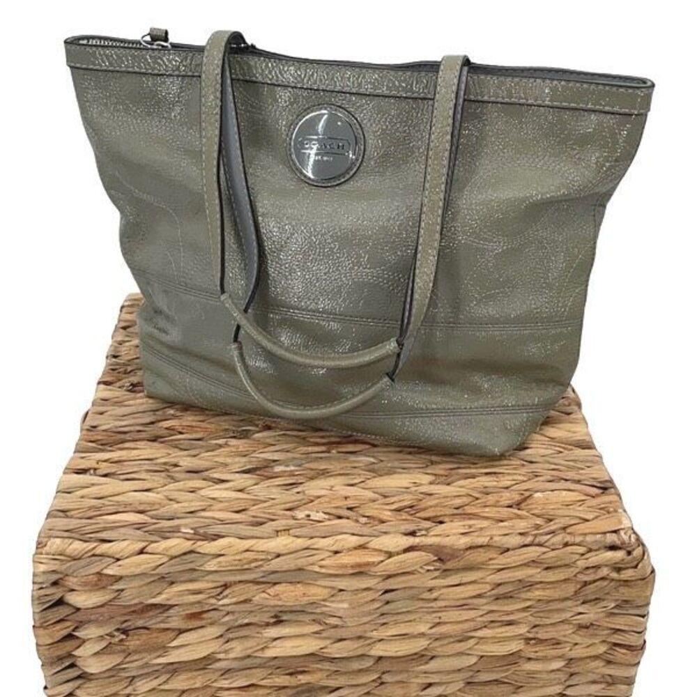 Coach Womens Gross Grain Patent Leather Stitch Tote Shoulder Bag Green Gray Medi